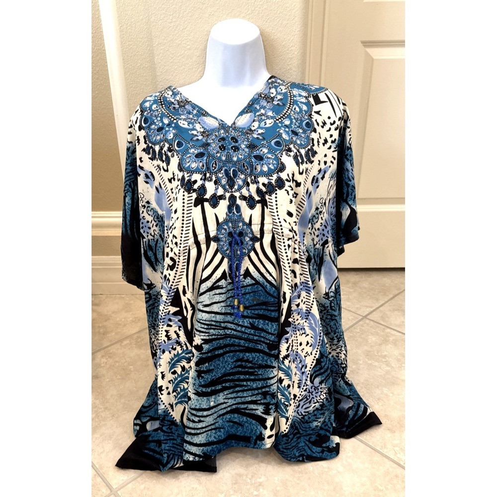 Shore Drive Kaftan Cover Up Top‎ Blouse One Size Embellished Colorful Waist Tie